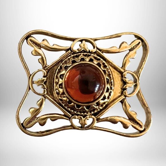 Vintage Bold and Classic Ornate-Style Brooch with Glass Amber Stone - NIB - Picture 1 of 4